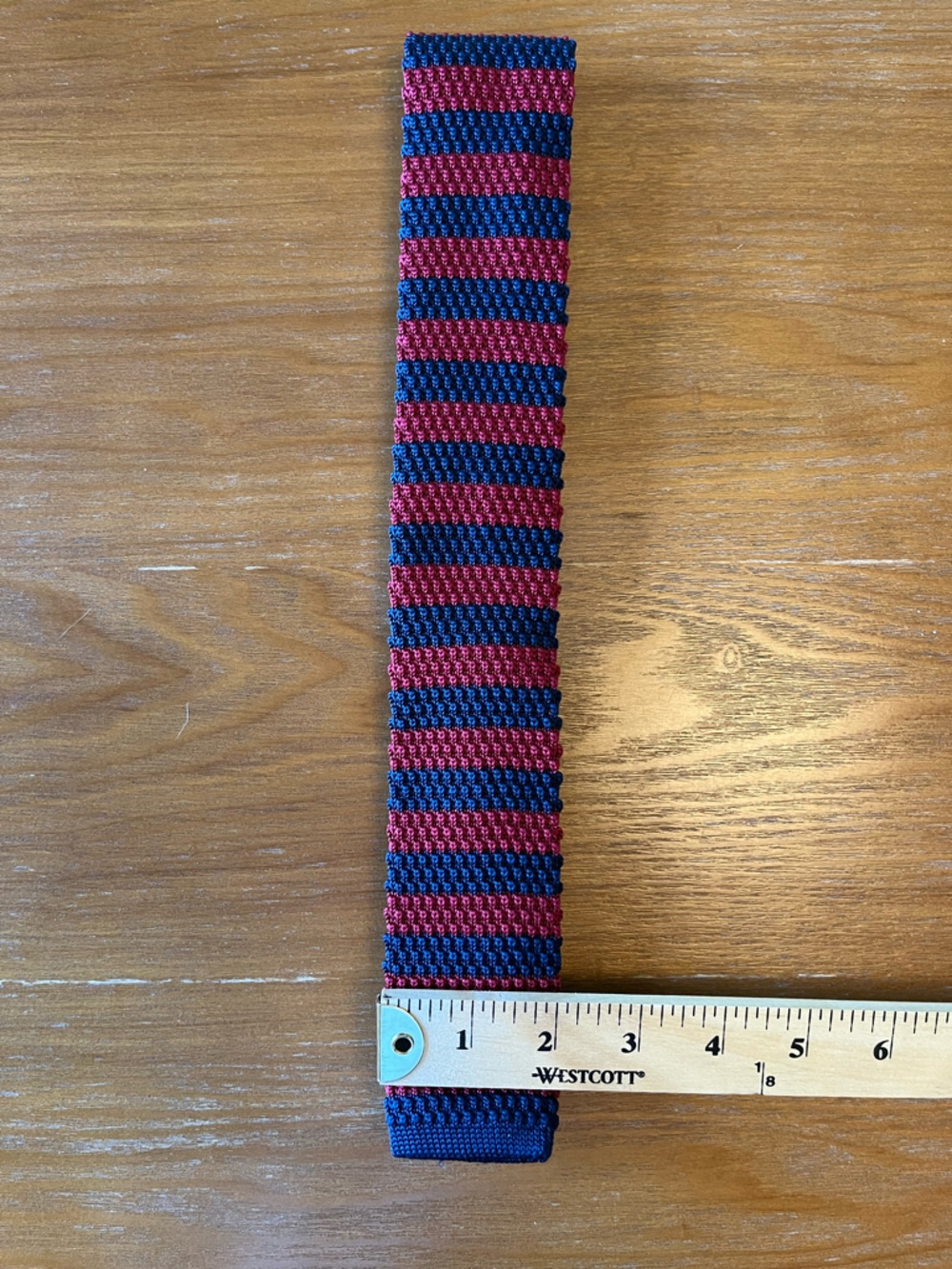 Knit Tie Burgundy Navy Striped Skinny Necktie Textured Square End - Picture 2 of 3